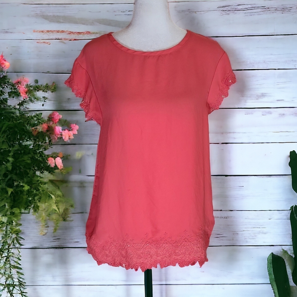 LOFT Women's Coral Short Sleeve Crew Neck Knit Top Size Medium